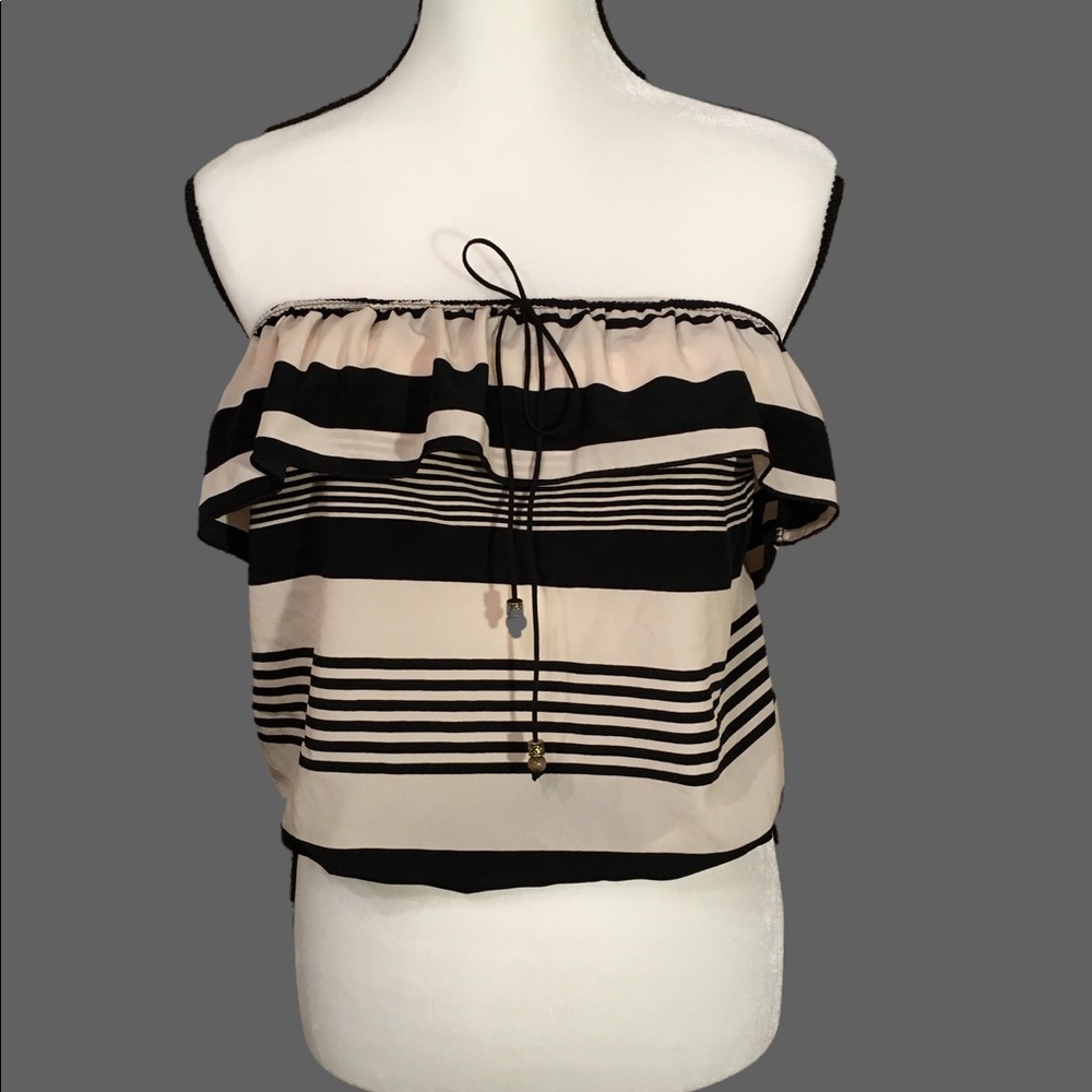 Strapless Ruffle Black and White Stripe Blouse